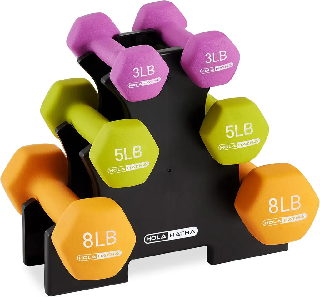 HolaHatha 2, 3, 5, 8, and 10 Pound Neoprene Dumbbell Free Hand Weight Set with Rack