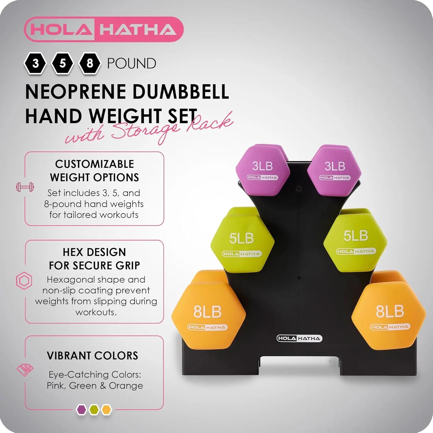 HolaHatha 2, 3, 5, 8, and 10 Pound Neoprene Dumbbell Free Hand Weight Set with Rack