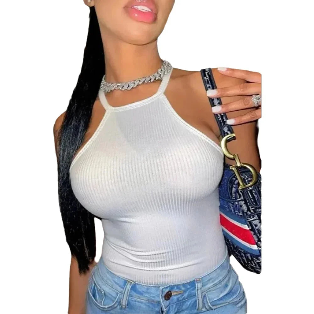 Ribbed Knit Halter Tank Top - Sexy Slim Fit Cami