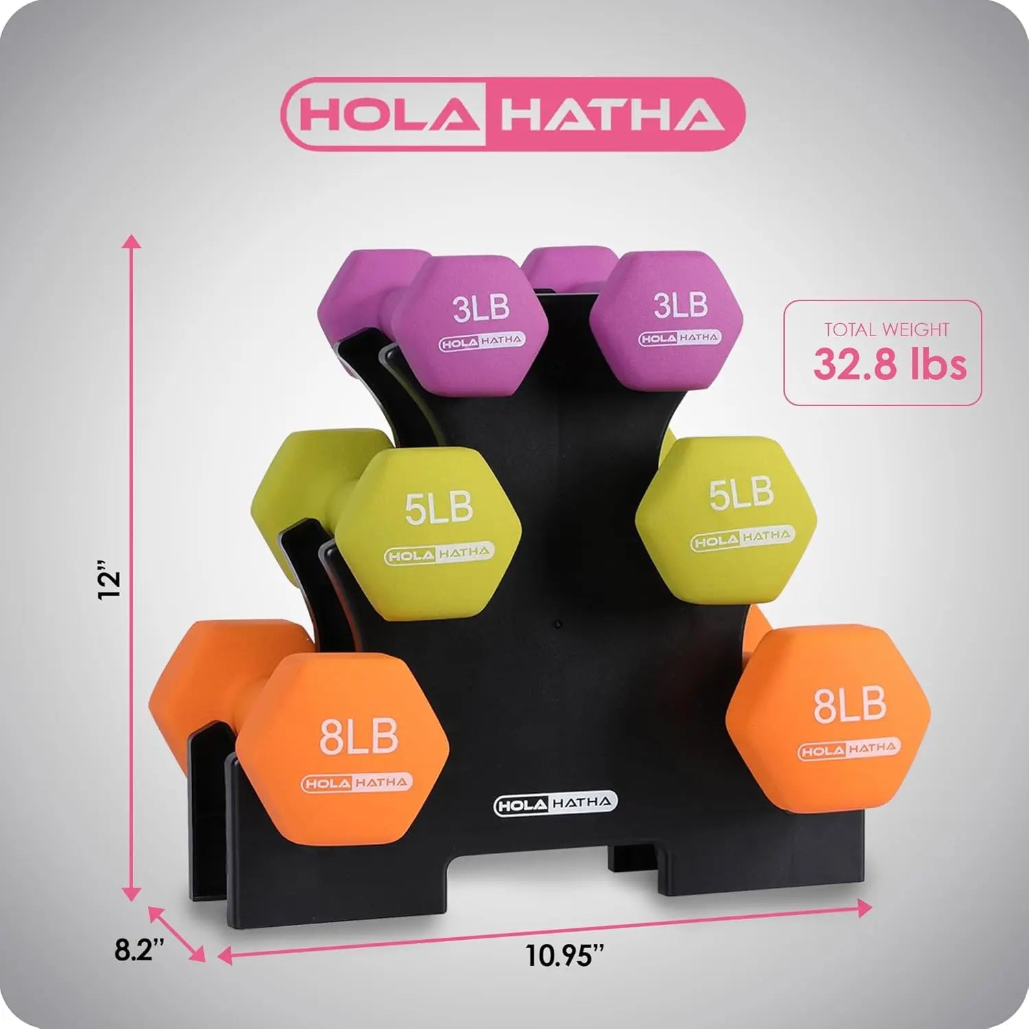 HolaHatha 2, 3, 5, 8, and 10 Pound Neoprene Dumbbell Free Hand Weight Set with Rack